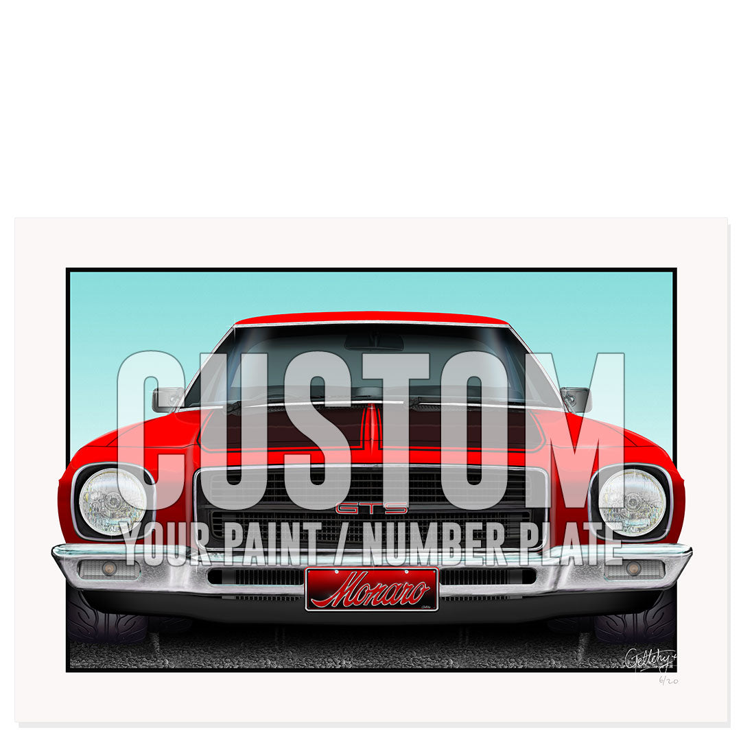 Custom Holden HQ GTS art print colour options - personalise your limited edition automotive artwork by Mark Geltch for $50 extra