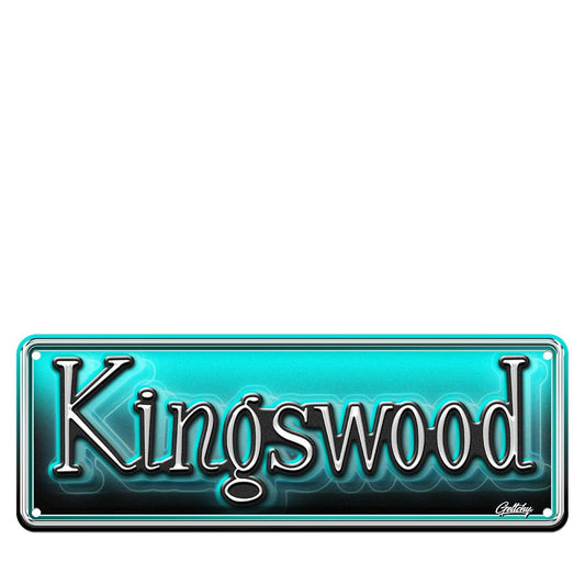 Illustrated Holden HQ-HJ Kingswood Badge number plate sign, Australian-made aluminium man cave decor by Sunshine Coast artist Mark Geltch