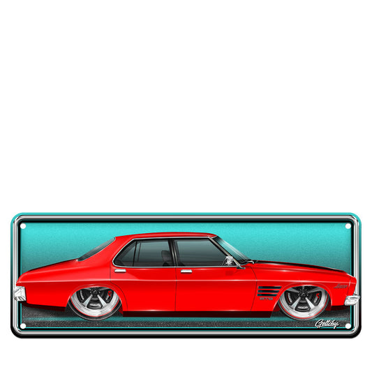 Holden HQ number plate sign featuring HQ GTS Monaro 4 Door in Salamanca Red for man cave wall decor
