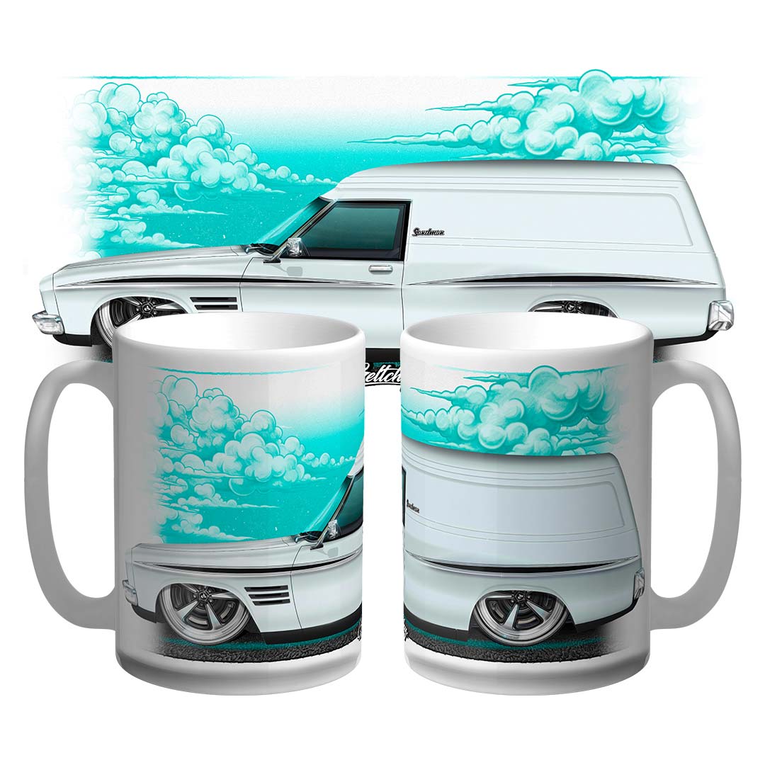Holden HQ Sandman Coffee Mug 15oz featuring hand-illustrated classic car design with clouds.