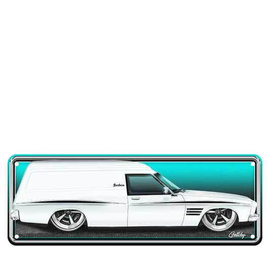 Holden HQ Sandman Number Plate Sign Glacier White – Premium hand-illustrated aluminium man cave decor by Mark Geltch, Australian made