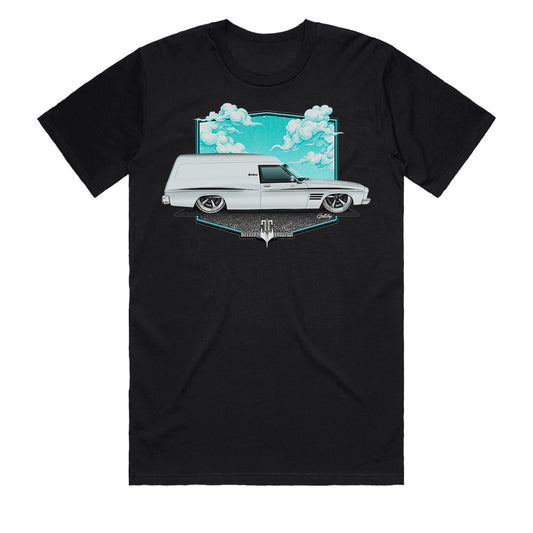 Holden HQ Sandman T-Shirt featuring a classic car graphic on premium black fabric, perfect for Aussie streetwear.