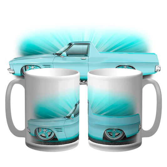 Hand-illustrated Holden HQ Ute coffee mug, Ron Barclay Coral SMOTY, Australian made by Geltchy – perfect gift for car lovers