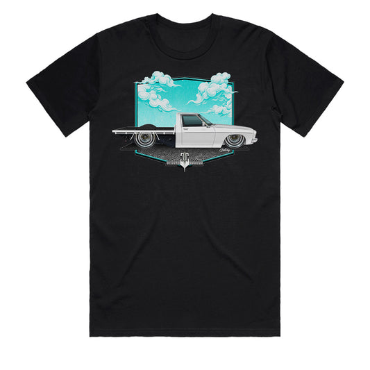 Holden HQ White One Tonner premium black men’s t-shirt front view, hand-drawn art by Geltchy, Australian-made streetwear