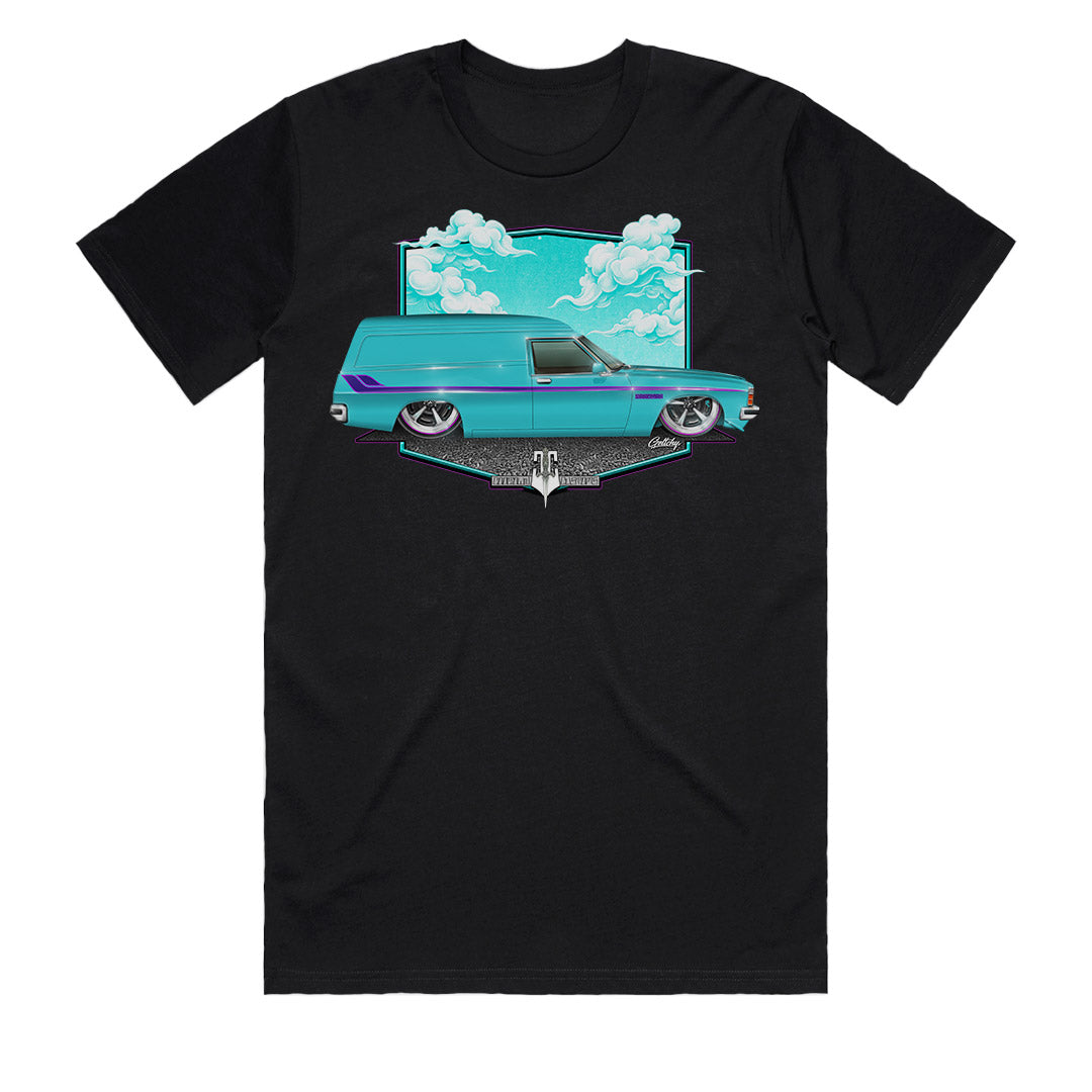 Holden HZ Sandman Turquoise Panel Van men’s black t-shirt front view, hand-illustrated by Geltchy, Australian-made streetwear.