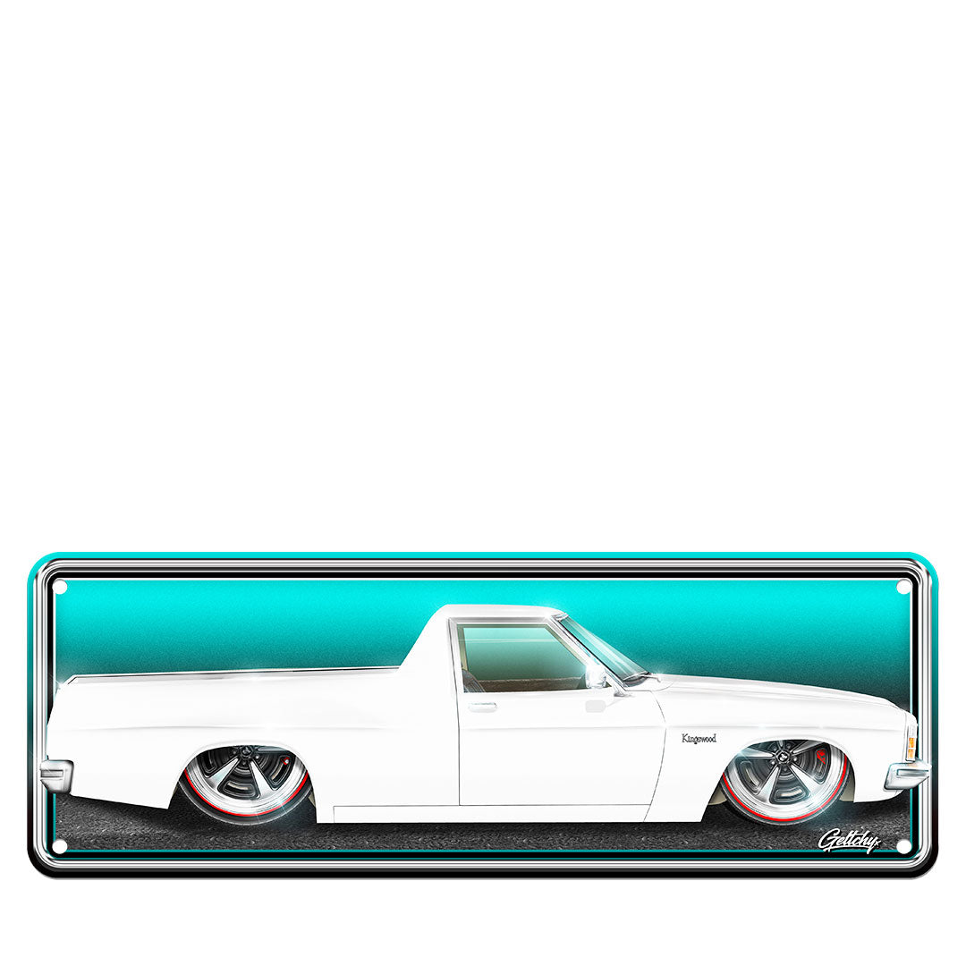 Holden Kingswood Ute Number Plate Sign in Cotillion White, Australian made aluminium novelty display plate for man cave wall decor