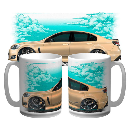 Holden mug with hand-illustrated champagne beige VF SS Commodore and teal clouds, 15oz Australian made