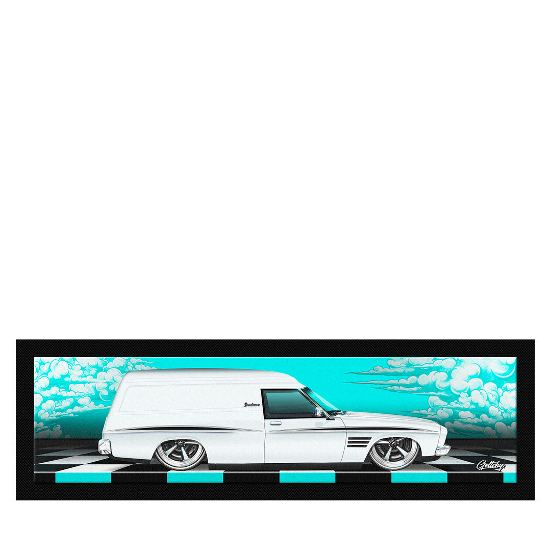 Holden Sandman Bar Runner – Limited Edition Teal Australian-made bar mat for man cave, tradie gift, mechanic workshop, and home bar decor
