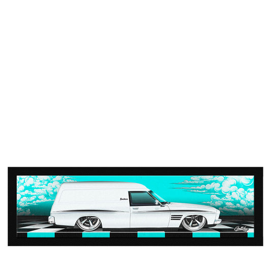 Holden Sandman Bar Runner – Limited Edition Teal Australian-made bar mat for man cave, tradie gift, mechanic workshop, and home bar decor