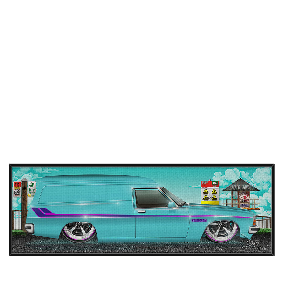 Holden Sandman Canvas Print of a slammed turquoise HZ panel van with purple stripes, black floating frame, signed by Geltchy