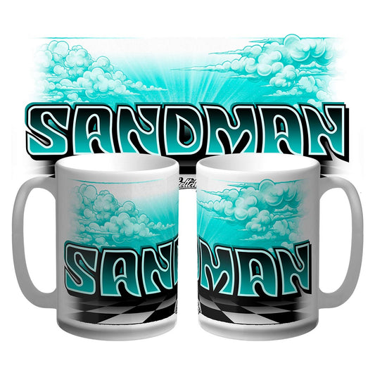 Holden Sandman mug 15oz Australian made, teal airbrush clouds with black and teal SANDMAN lettering and chequered floor, hand-illustrated by Mark Geltch