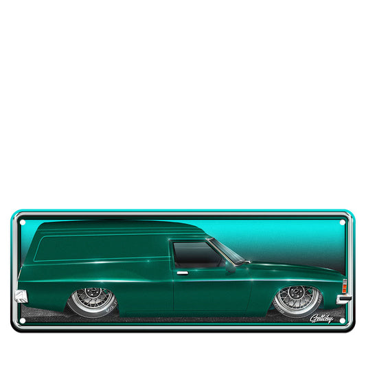 Holden Sandman Number Plate Sign with custom colour and wheels, slammed panel van aluminium man cave wall art (display only)