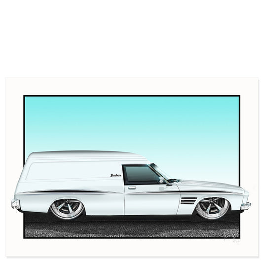 Hand-illustrated Holden Sandman Van HQ Glacier White fine art print, limited edition, Australian made collectible.