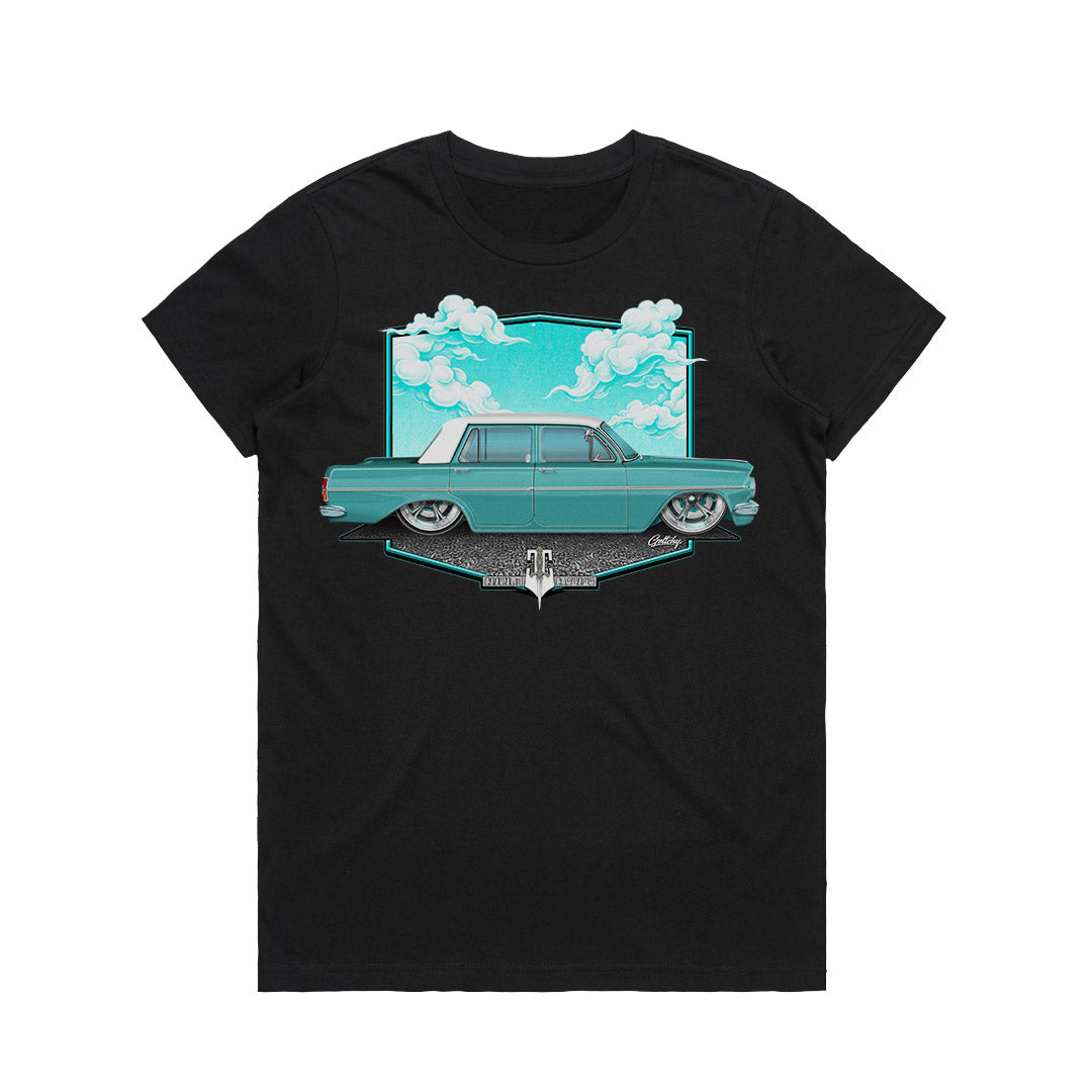 Holden T-Shirt Womens black front view with EH Holden hand-drawn car art by Geltchy