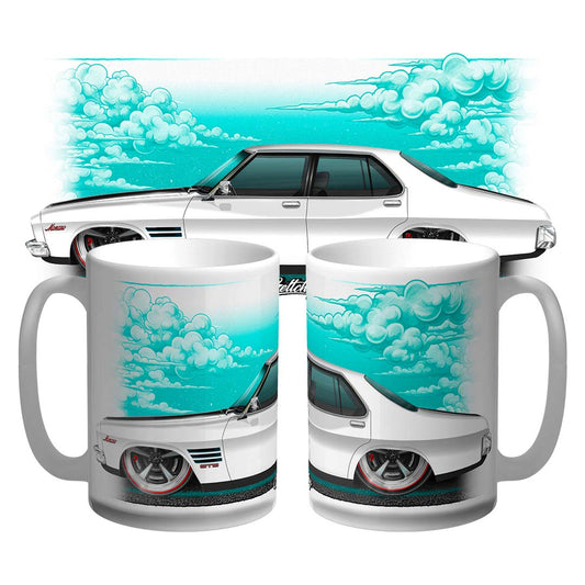 HQ GTS 4 Door Holden Monaro Sedan coffee mug design featuring classic car illustration and cloudy background.