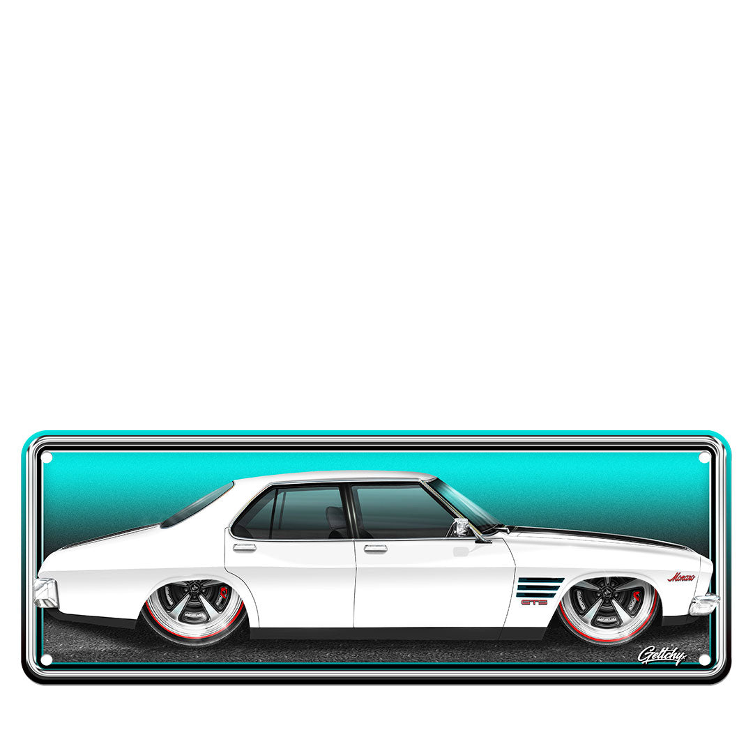 HQ GTS 4 Door Monaro number plate sign in Glacier White, premium aluminium, hand-illustrated by Mark Geltch, Australian made, man cave decor