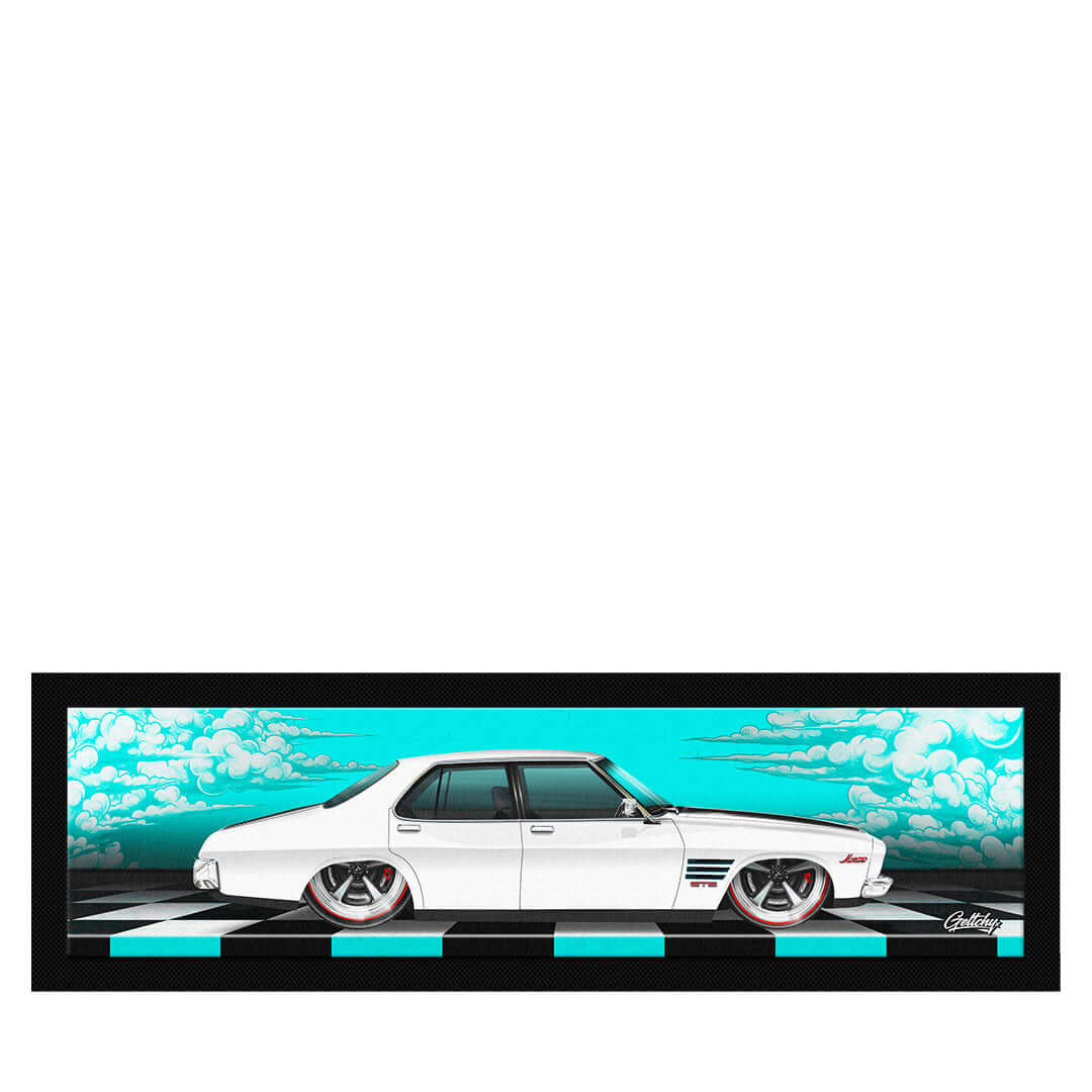 HQ GTS Bar Runner – Limited Edition Holden Monaro 4 Door Sedan Bar Mat, Australian-made, perfect for man cave, workshop, or home bar decor