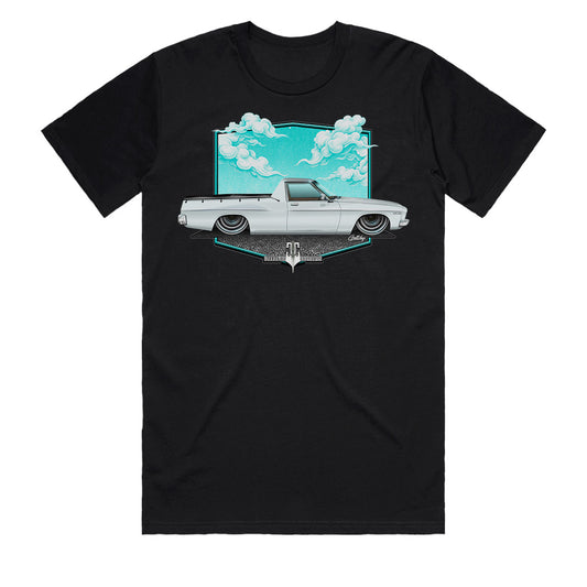 HQ Holden Glacier White Belmont Ute Premium Black Men’s T-Shirt front – Australian-made streetwear by Geltchy