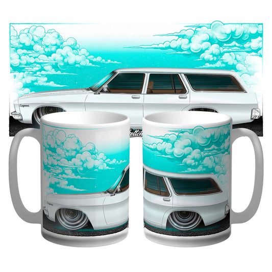 Hand-illustrated HQ Holden Kingswood Station Wagon Mug 15oz in Glacier White – Australian made collectible coffee cup by Geltchy
