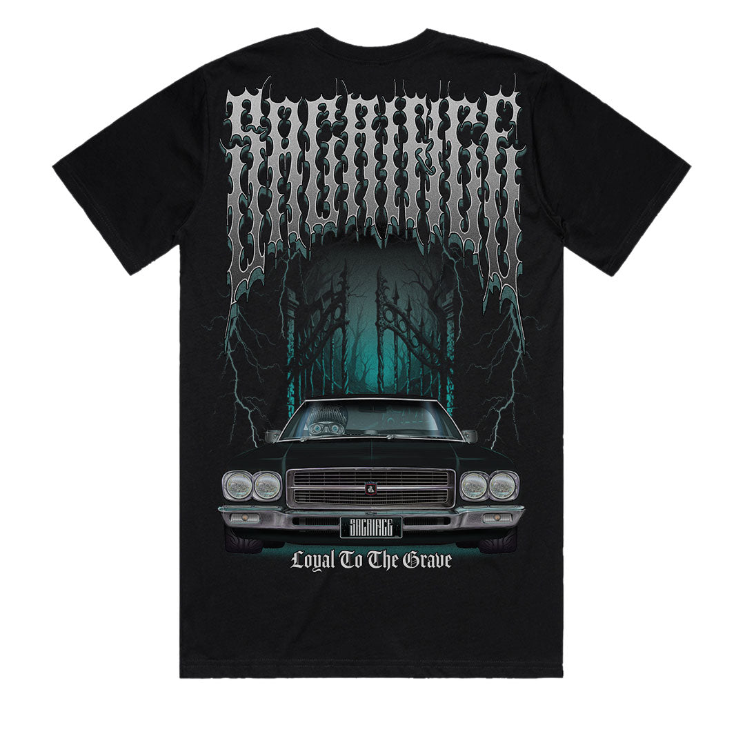 HQ Holden Premier t-shirt back view with Deathride oversized back print, SACRIFICE Industries Loyal To The Grave