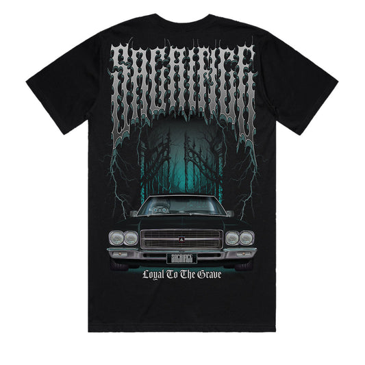HQ Holden Premier t-shirt back view with Deathride oversized back print, SACRIFICE Industries Loyal To The Grave