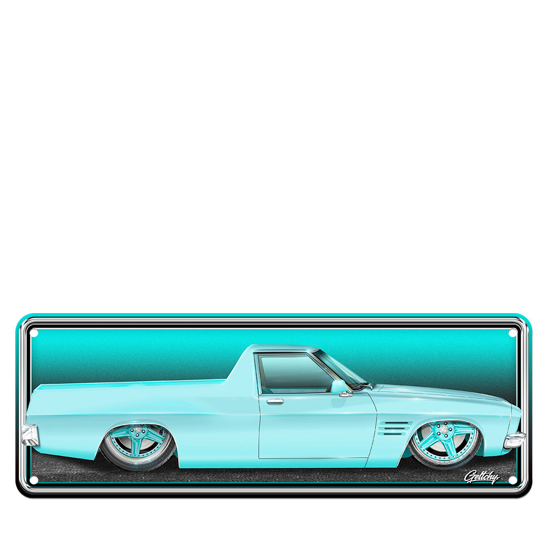 Hand-illustrated HQ Holden Ute number plate sign by Mark Geltch – premium aluminium, Australian made, limited edition man cave decor