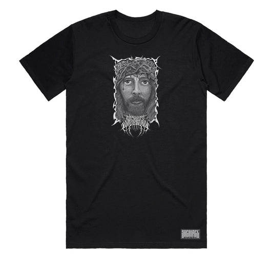 Jesus crucifixion t-shirt for men by Sacrifice Industries, black Christian streetwear graphic tee with Crown of Thorns front print