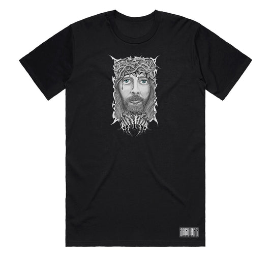 Jesus crucifixion t-shirt for men by Sacrifice Industries, black Christian streetwear graphic tee with Crown of Thorns front print