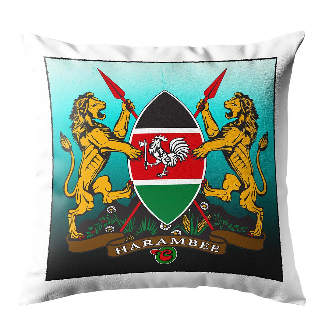 Premium Kenyan Coat of Arms white linen throw pillow cushion, 45cm square, Australian-made by Geltchy featuring high-definition crest design