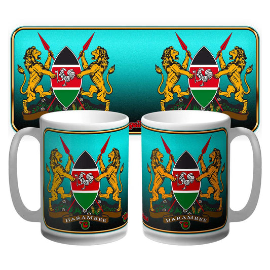 Illustrated Kenyan Coat of Arms 15oz premium ceramic coffee mug designed by Sunshine Coast artist Mark Geltch, featuring traditional crest artwork on white ceramic, Australian-made