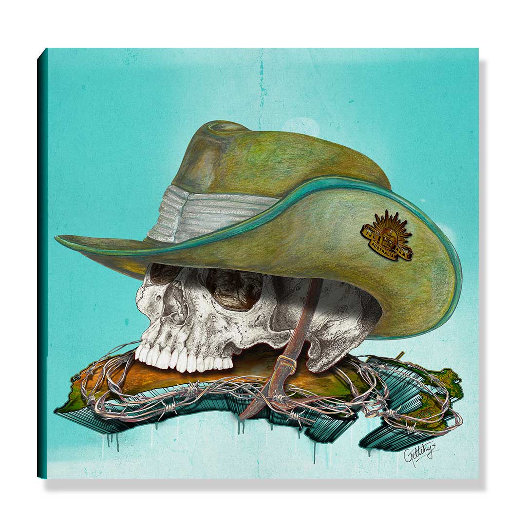 Limited Edition ANZAC Memorial Canvas Print featuring slouch hat skull over Australia, hand-illustrated by Mark Geltch, numbered 1-50