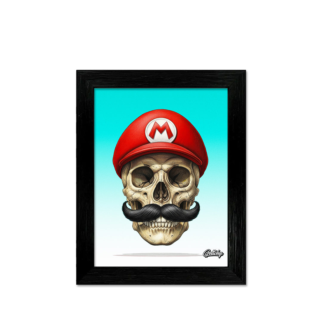 Mario Skull art print small framed aluminium gaming wall art by Australian artist Mark Geltch