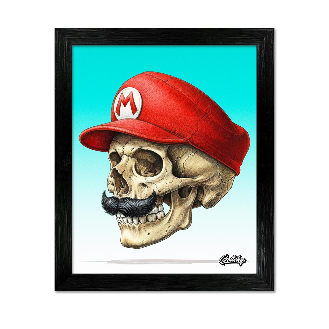 MARIO Tribute Skull Left Side View Framed Aluminium Art Print Large 28cm Limited Edition Australian Made Gaming Wall Art