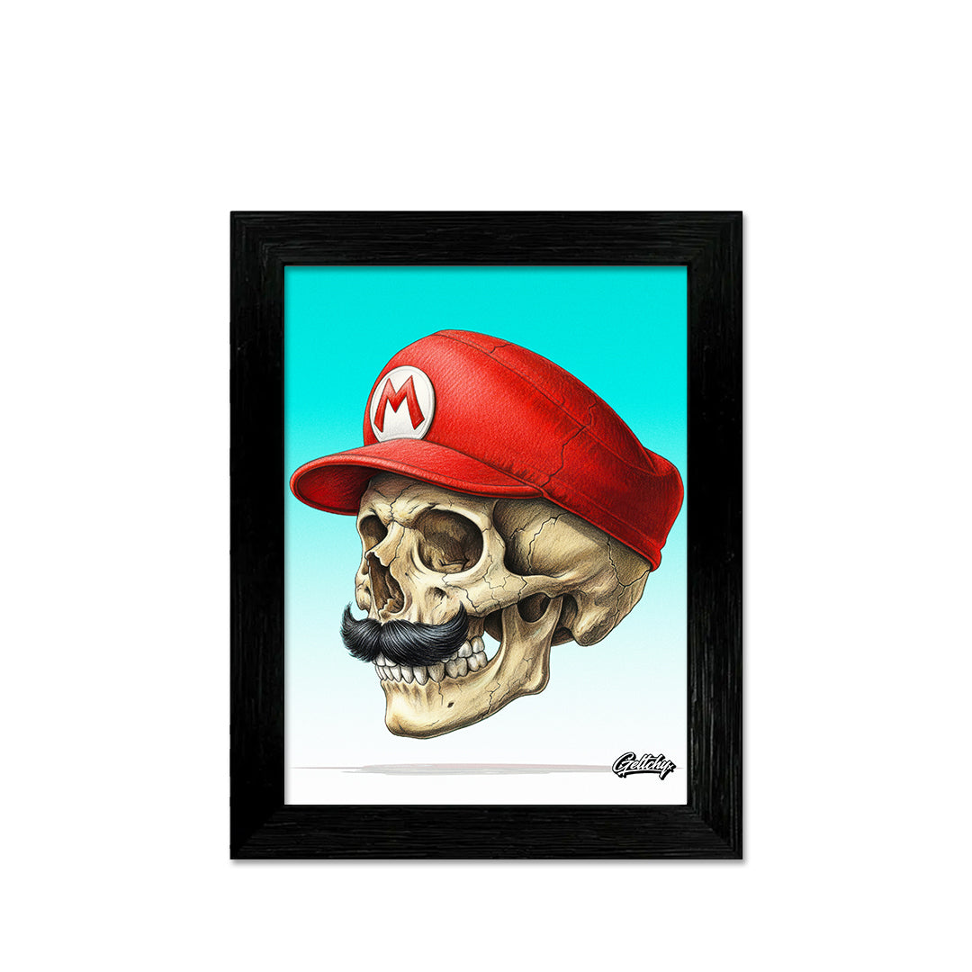 MARIO Tribute Skull Left Side View Framed Aluminium Art Print Small 18cm Limited Edition Australian Made Gaming Wall Art