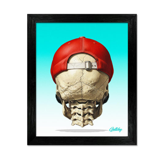 Limited edition Mario skull rear view art print in black wooden frame, large 28cm aluminium gaming wall art