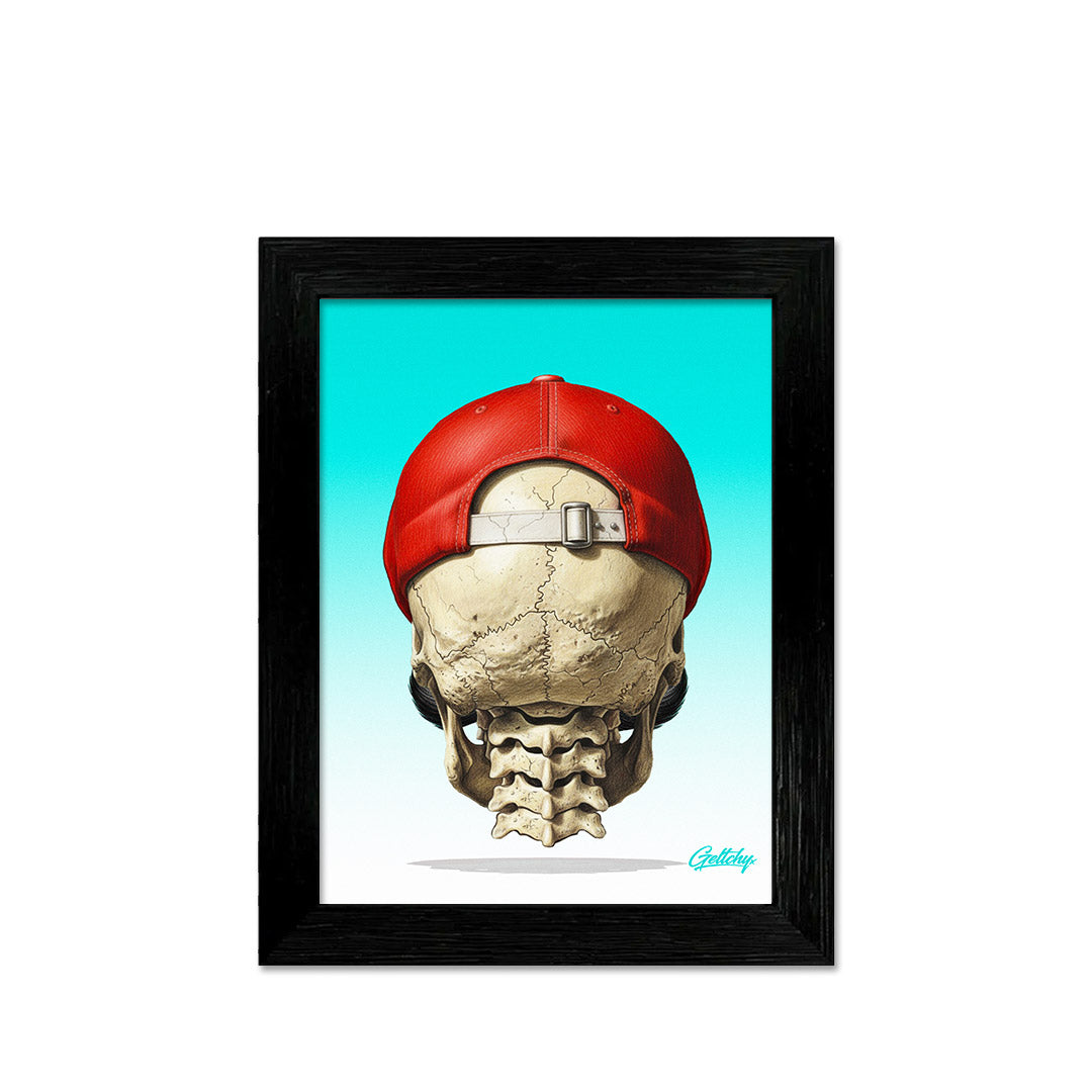 Limited edition Mario skull rear view art print in black wooden frame, small 18cm aluminium gaming wall art
