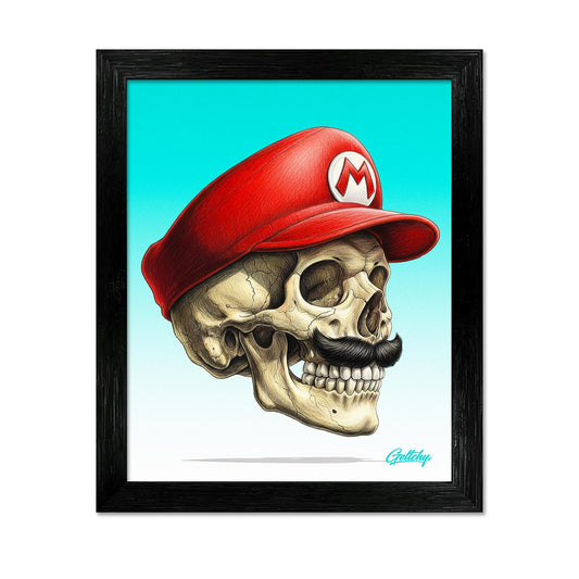 Mario Skull Right View Framed Aluminium Art Print Large 28cm - Limited Edition Gaming Wall Art by Australian Artist Geltchy