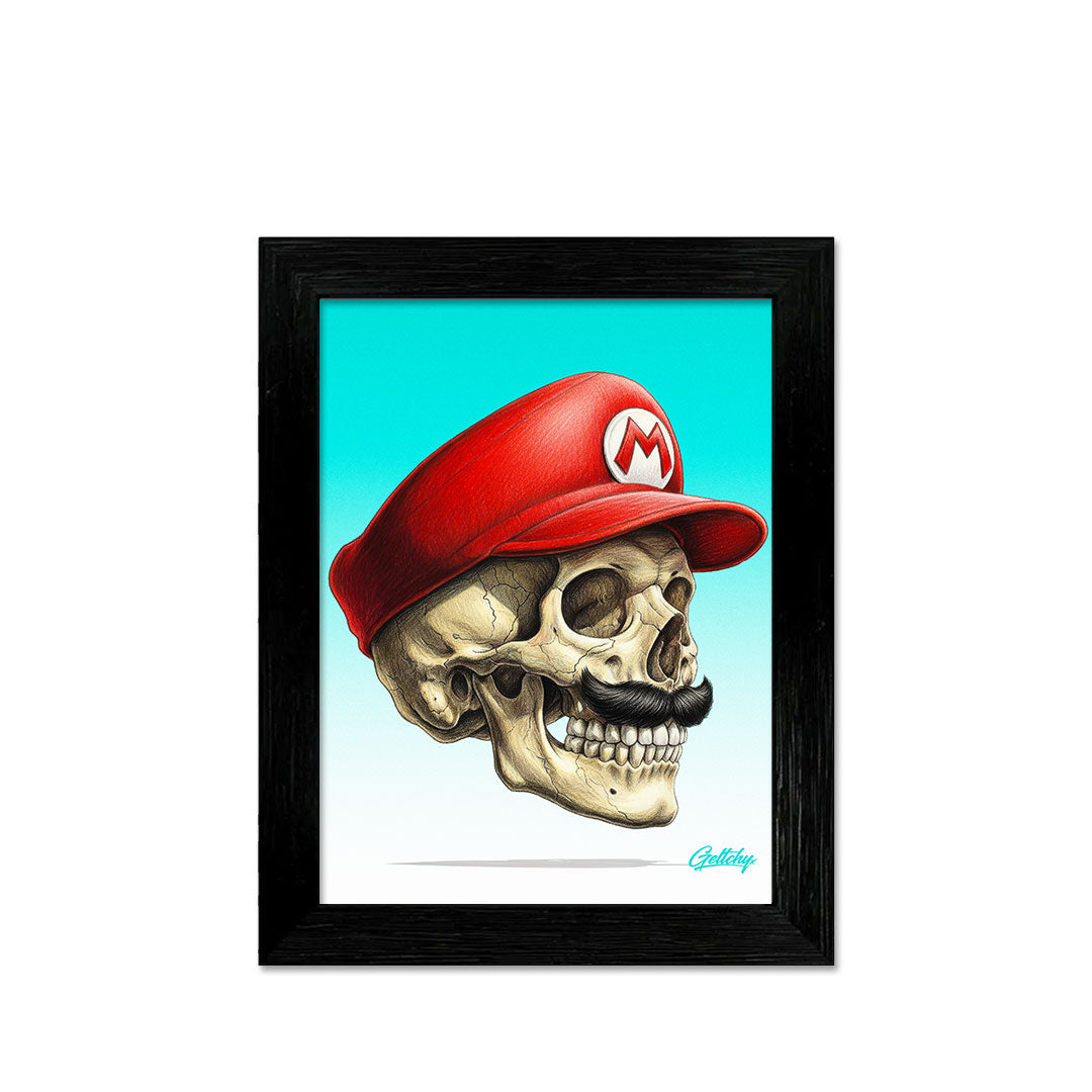 Mario Skull Right View Framed Aluminium Art Print Small 18cm - Limited Edition Gaming Wall Art by Australian Artist Geltchy