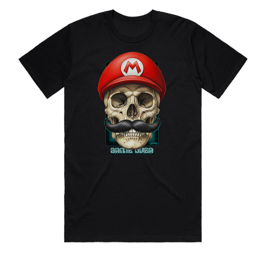 Mario-T-Shirt black gaming tee with hand-drawn skull fan art print by Geltchy