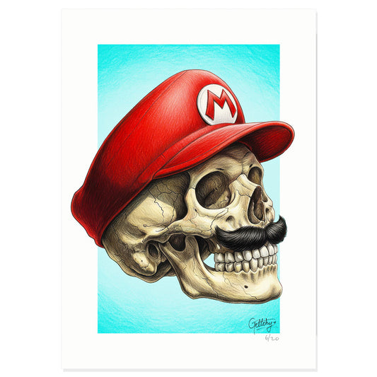 Mario tribute skull art giclée print by Geltchy, limited edition signed and numbered gaming wall art for gamers and man caves, Australian made