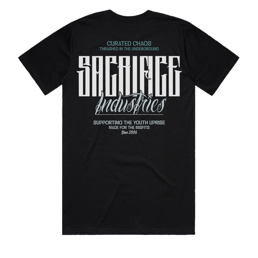 Mens Premium Graphic Tee Curated Chaos back view black SACRIFICE Industries large graphic print