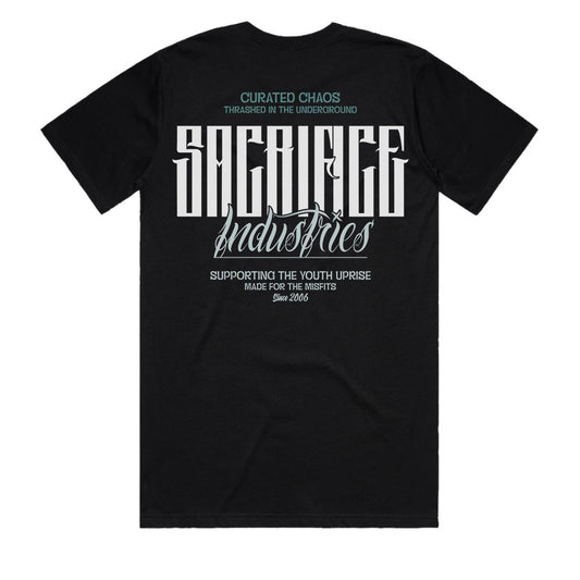 Mens Premium Graphic Tee Curated Chaos back view black SACRIFICE Industries large graphic print