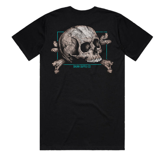 Mens skull back print t-shirt Australia back view with distressed skull and crossbones print