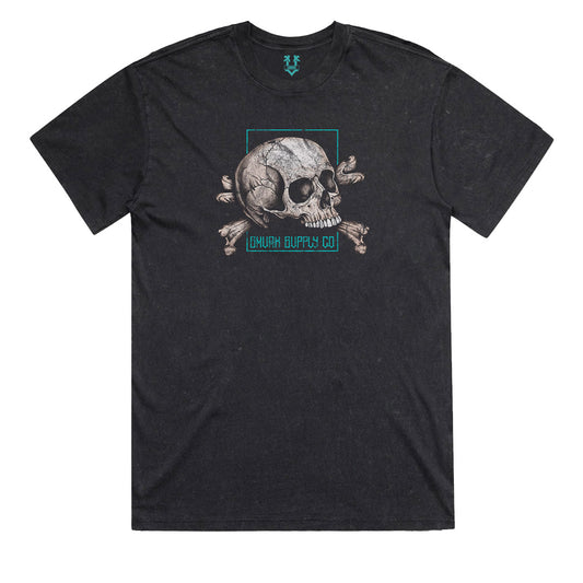 Mens Skull T-shirt in black stonewash with distressed skull graphic by SMVRK Supply Co, Australian-made regular fit tee.