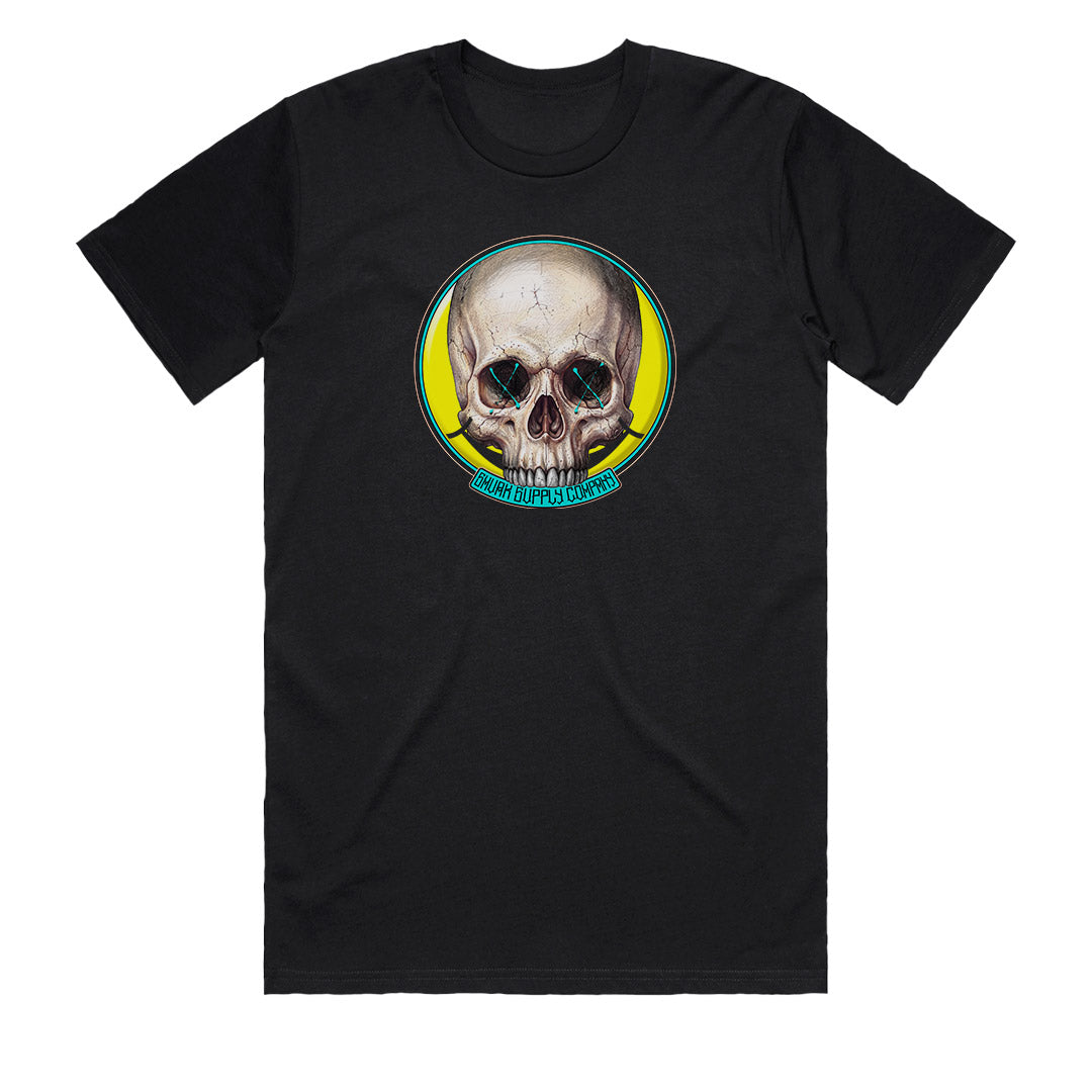 Mens skull t-shirt in black with the HAPPY? yellow smiley Geltchy skull chest print by SMVRK Supply Co
