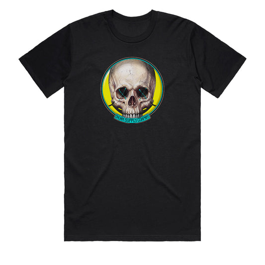 Mens skull t-shirt in black with the HAPPY? yellow smiley Geltchy skull chest print by SMVRK Supply Co