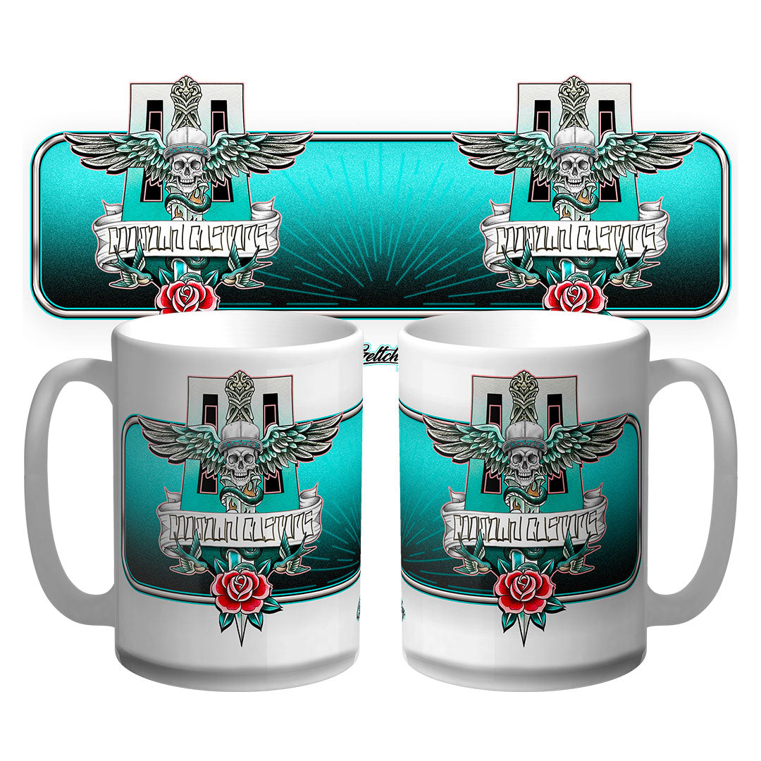 Neo traditional dagger tattoo flash 15oz coffee mug – Australian-made Cooltown Customs collectible, hand-illustrated by Geltchy
