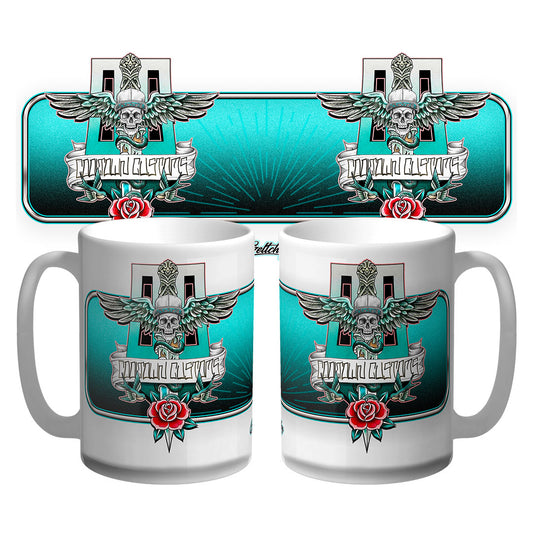 Neo traditional dagger tattoo flash 15oz coffee mug – Australian-made Cooltown Customs collectible, hand-illustrated by Geltchy