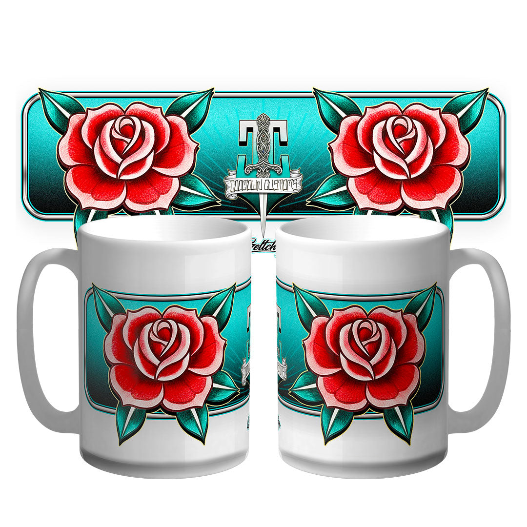 Neo traditional rose tattoo flash premium 15oz coffee mug, Australian-made collectible by Geltchy, Cooltown Customs
