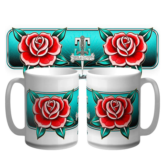 Neo traditional rose tattoo flash premium 15oz coffee mug, Australian-made collectible by Geltchy, Cooltown Customs